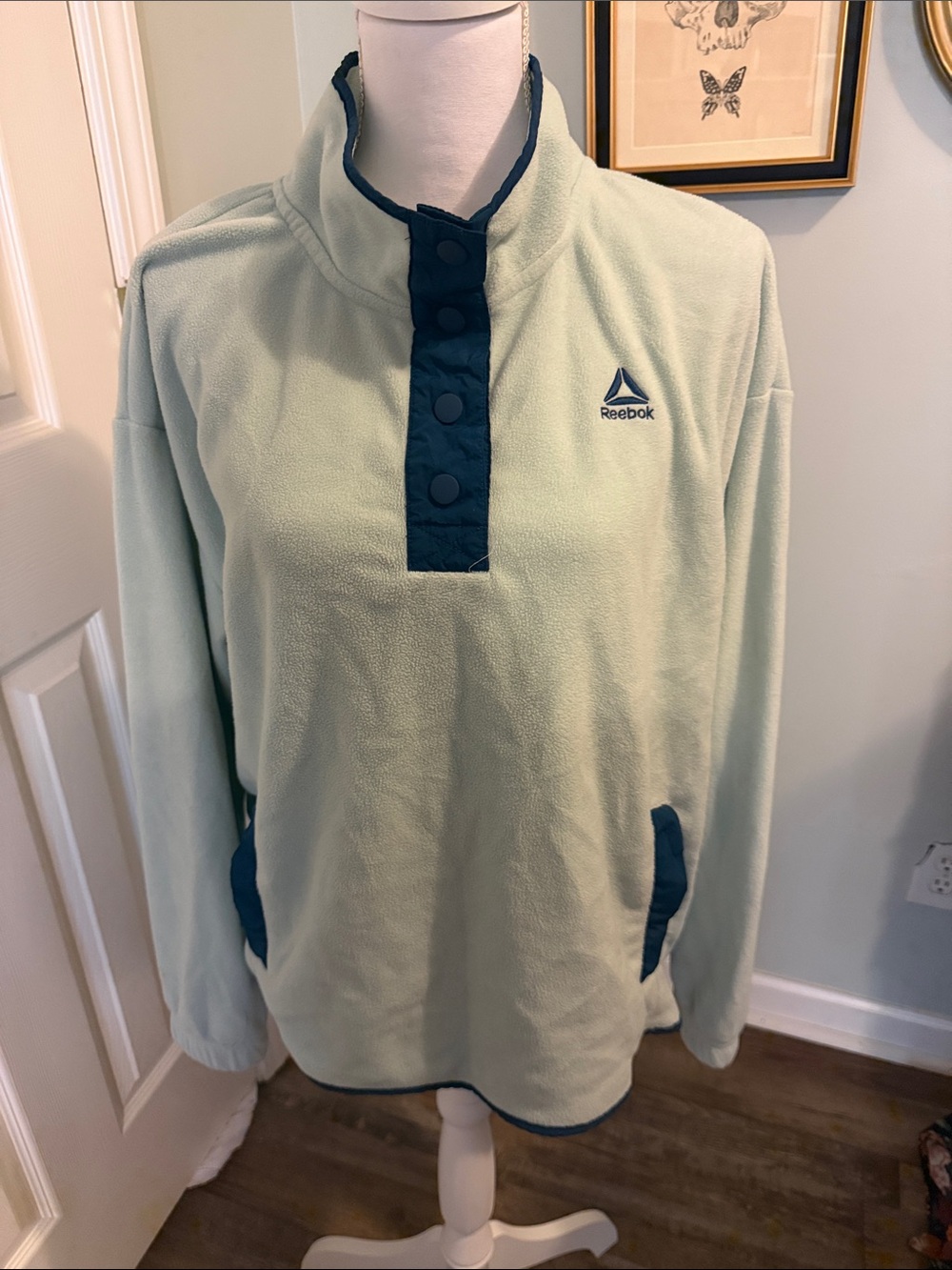 Reebok Mint Green Fleece Snap-Placket Pullover with Navy Trim